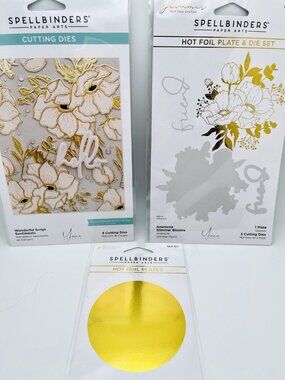 Spellbinders Glimmer Hot Foil Plate Die Cut 3 pc Lot Anemone Sentiments Circle N